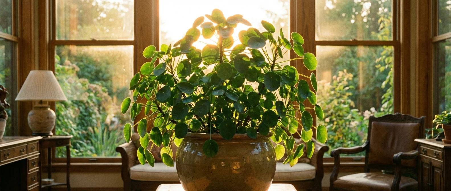 A sun-drenched, thriving Chinese Money Plant symbolizing prosperity and good fortune.