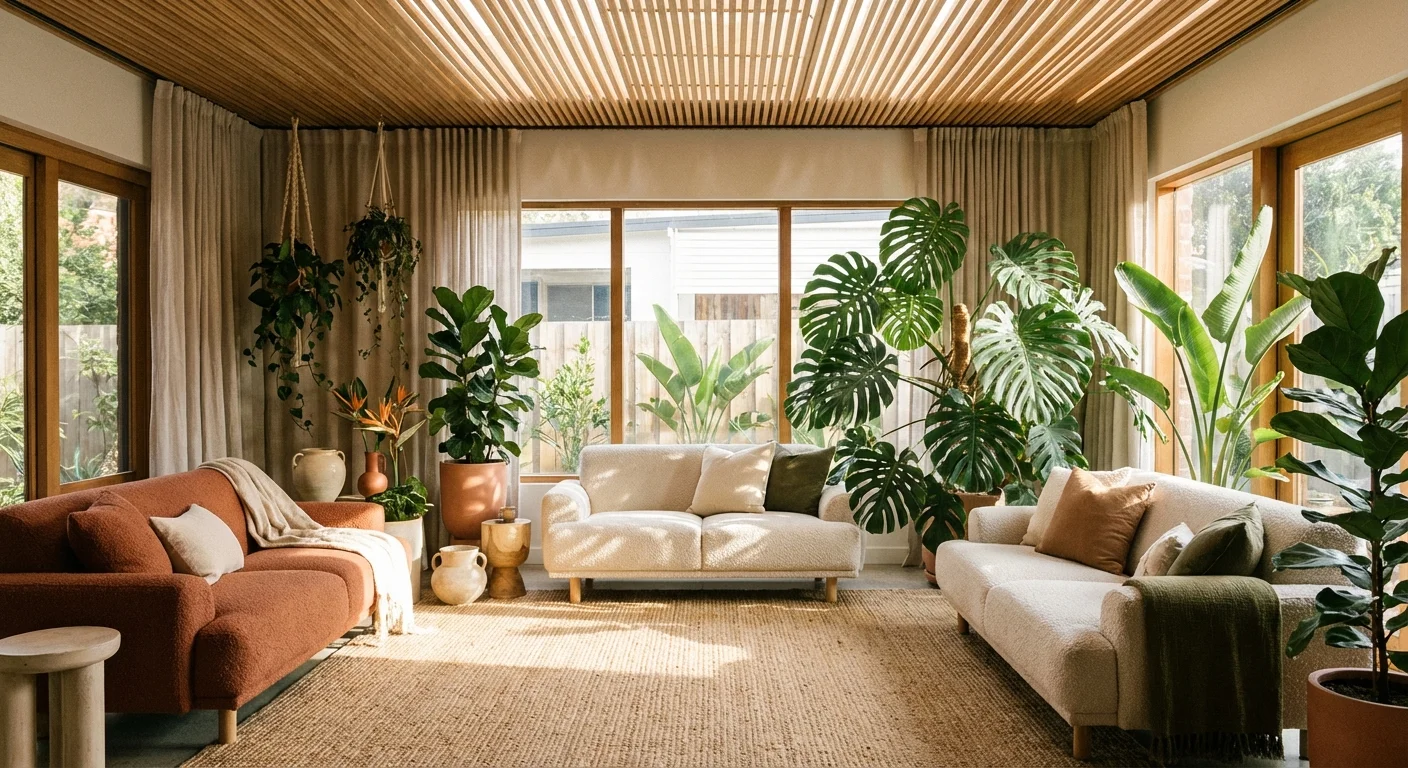 A sunlit living room full of green plants and comfortable furniture.