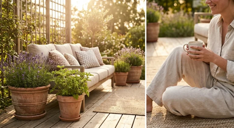 A sunlit outdoor patio with comfortable seating surrounded by mosquito-repelling plants like lavender and citronella.
