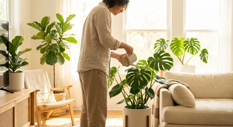 A sunlit, plant-filled living room representing a healthy, chemical-free home environment.