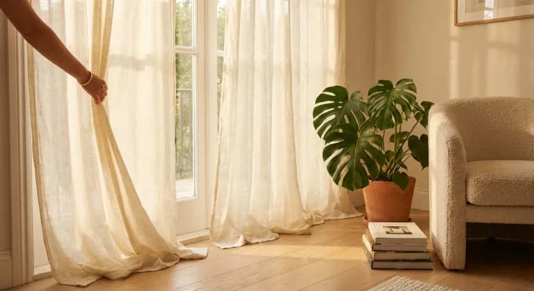 A sunlit window with floor-to-ceiling linen curtains and a large indoor plant in a modern home.