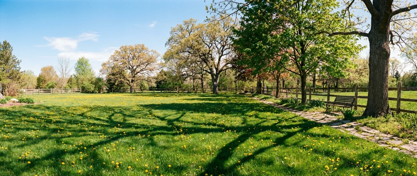 A sunny backyard lawn where dandelions are thriving in the bright daylight.
