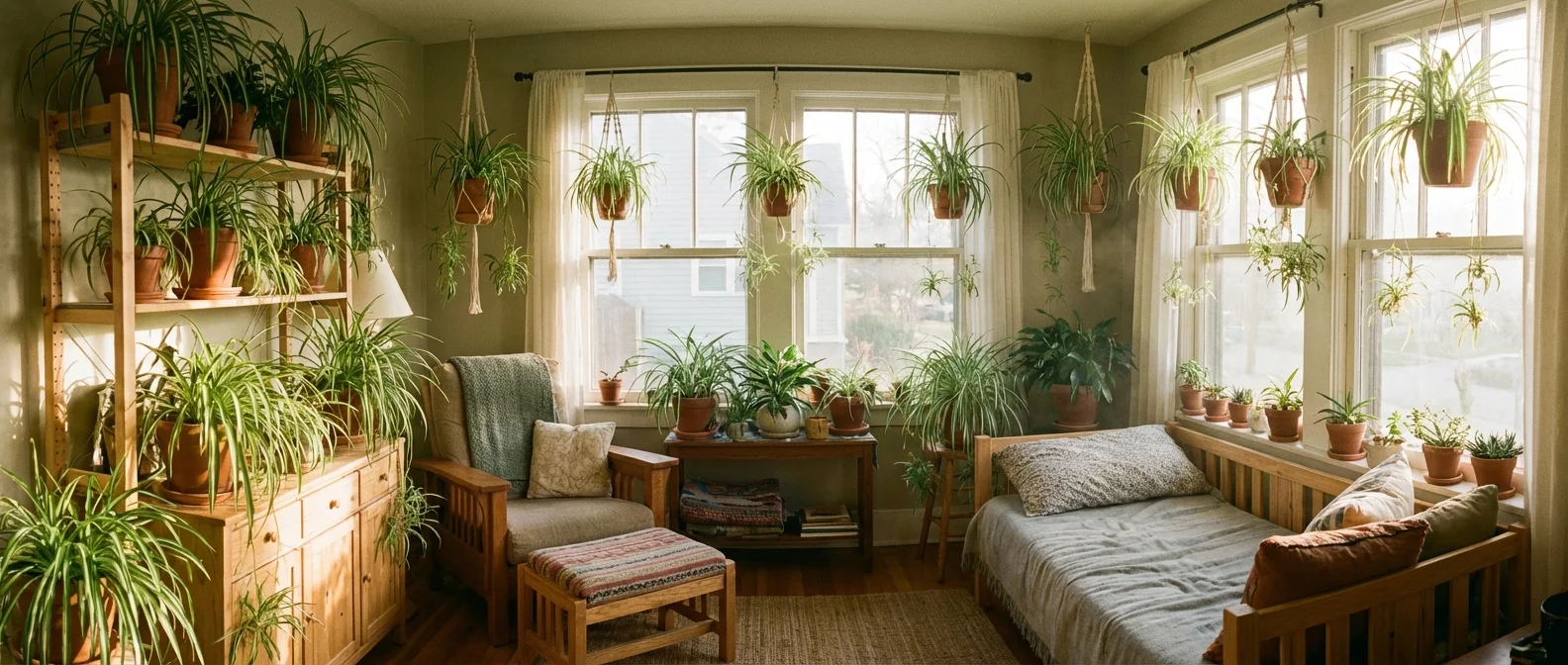 A sunny living room filled with healthy, green spider plants.