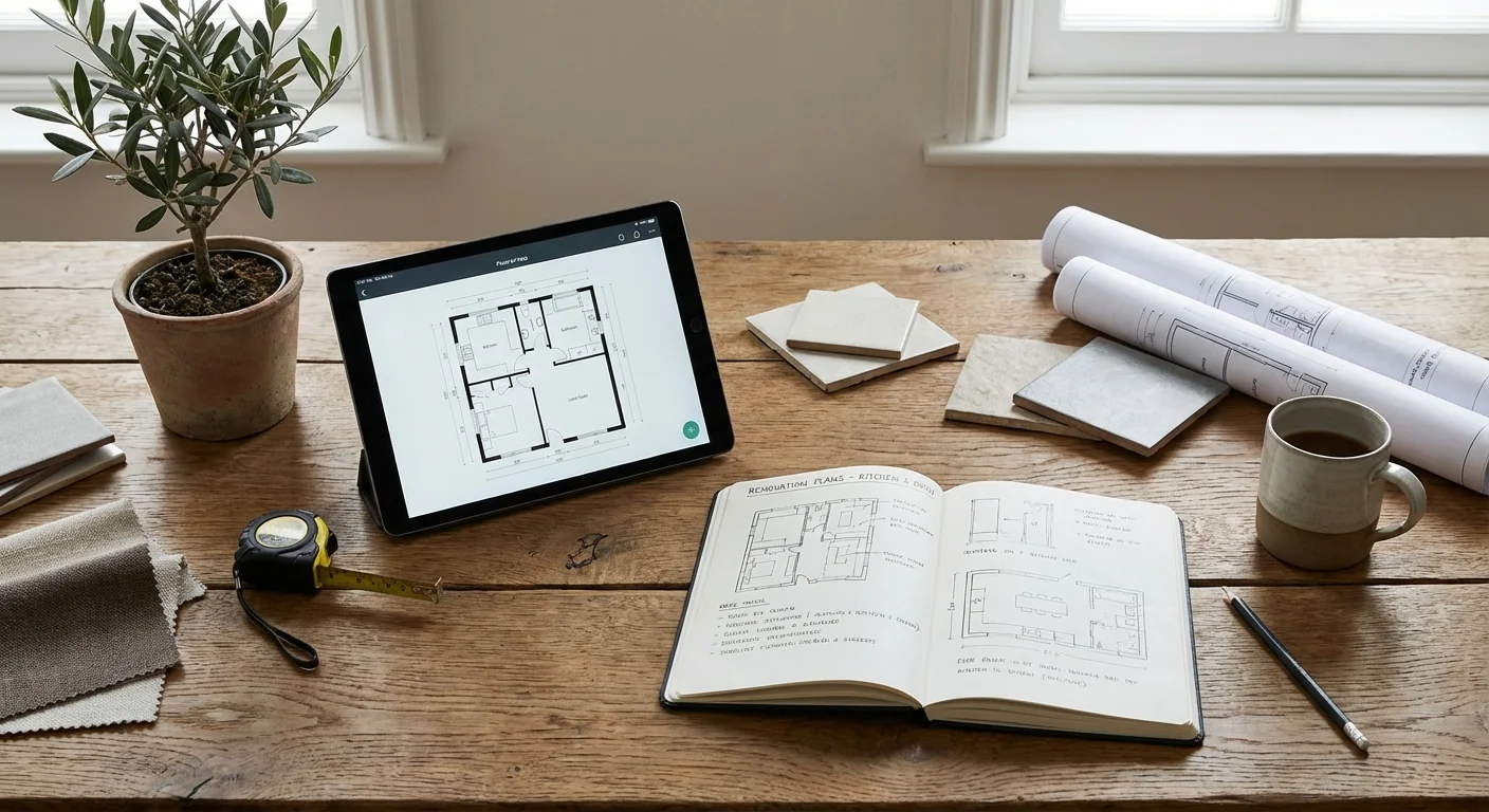 A tablet and notebook on a desk arranged for home project planning.
