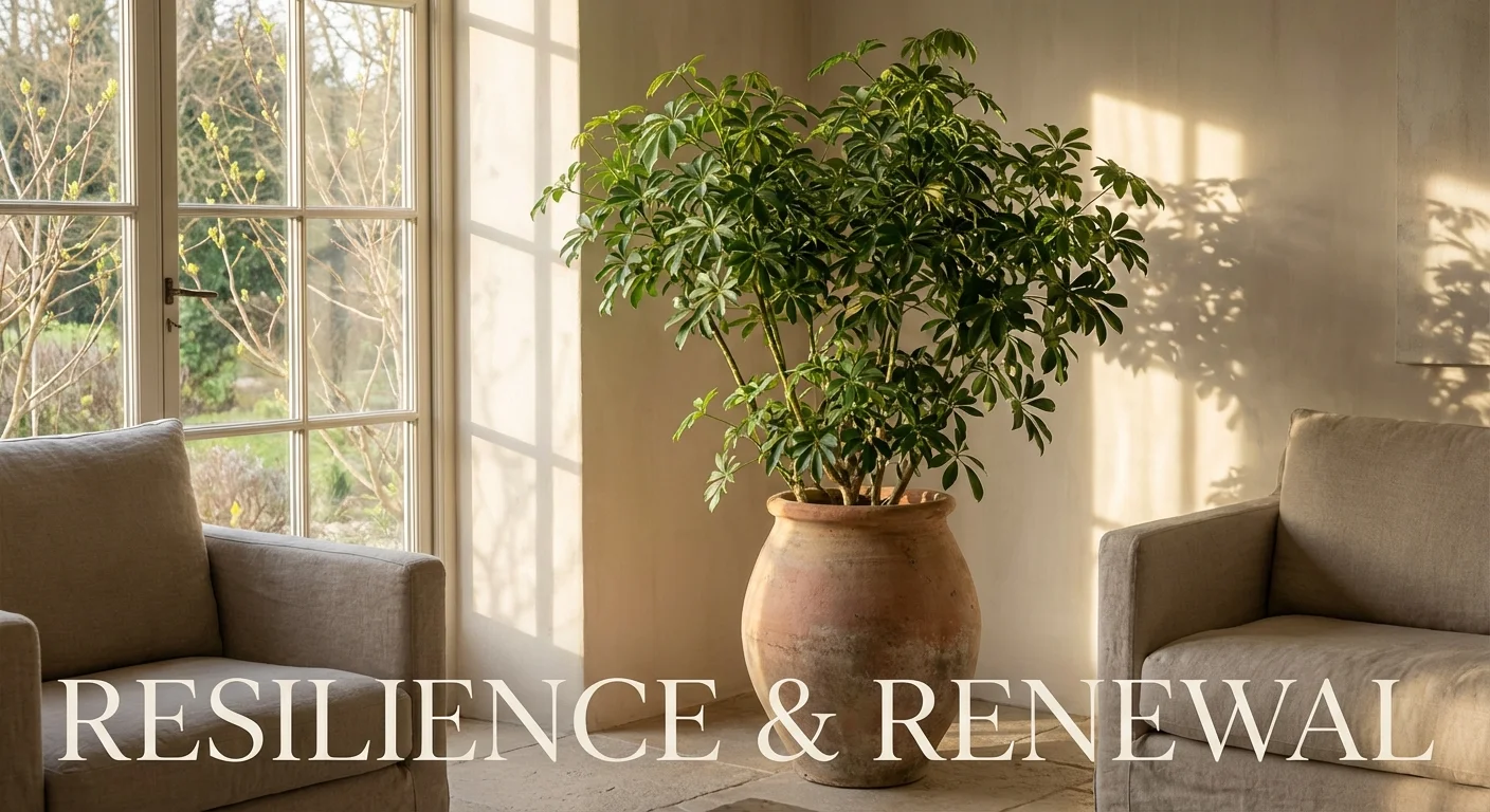 A tall, healthy Umbrella Plant in a bright room symbolizing successful winter survival.
