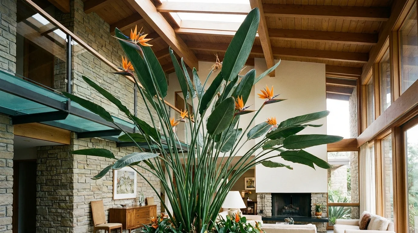A tall, mature Bird of Paradise plant blooming inside a high-ceilinged room.