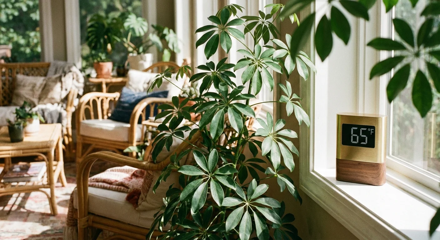 A thermometer displaying a safe indoor temperature next to a Schefflera plant.