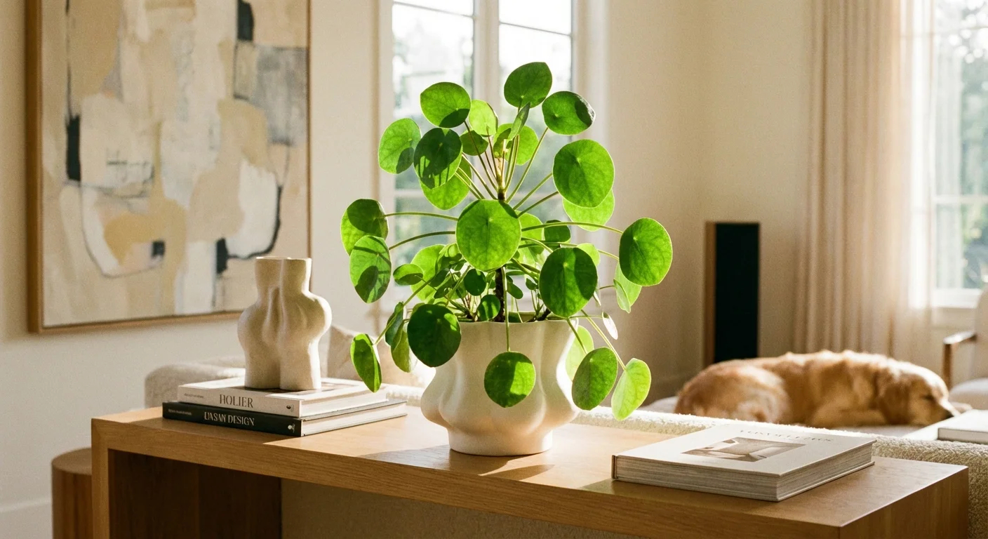 A thriving and healthy Chinese Money Plant in a modern living room.