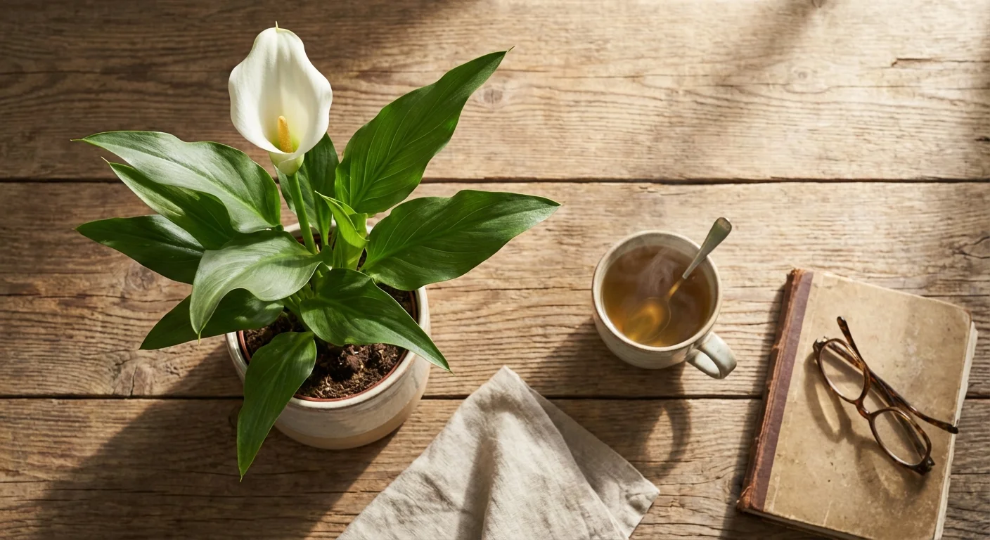 A thriving Calla Lily on a table, symbolizing gardening success.