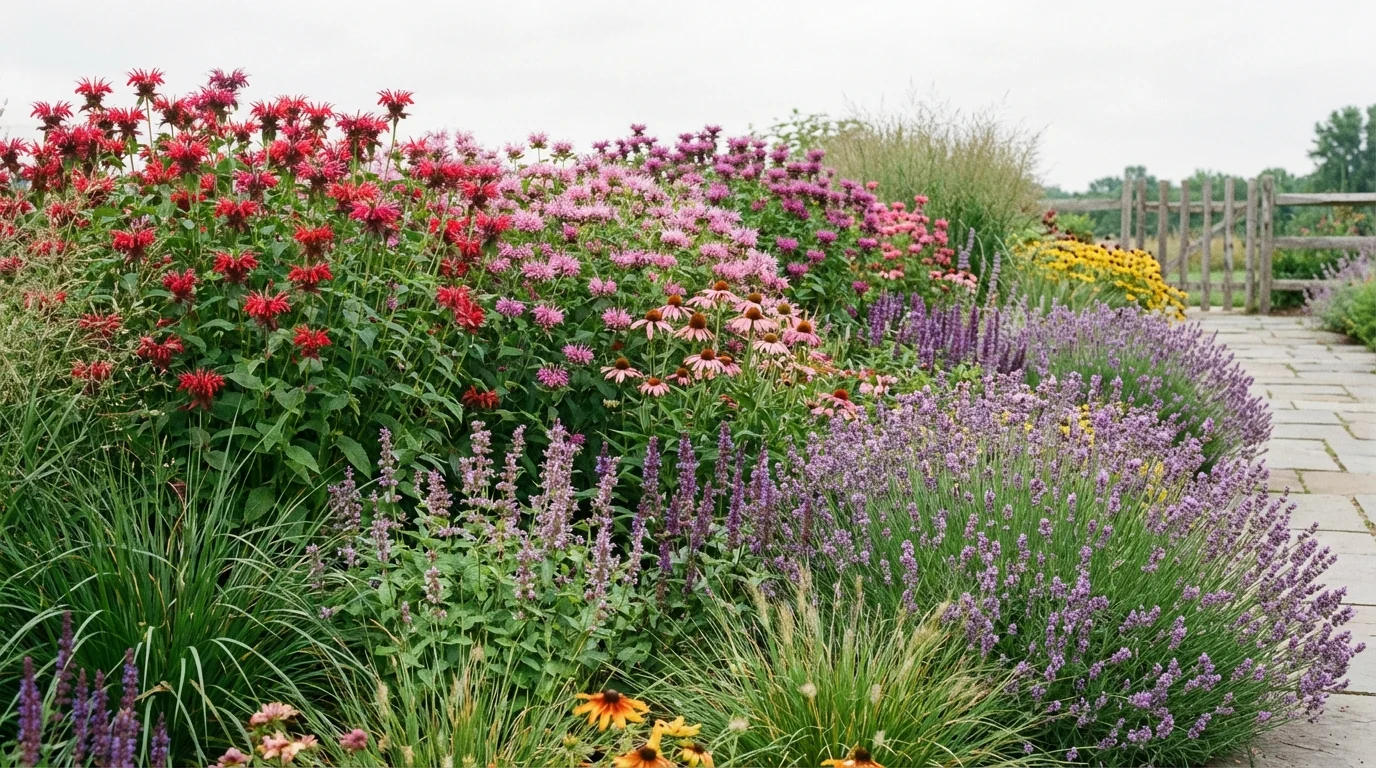 A thriving perennial garden bed with tall flowers that have natural defenses against deer.