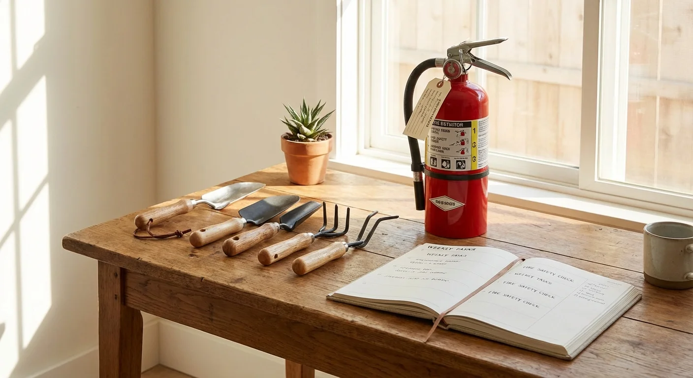 A tidy workbench with gardening tools and a new fire extinguisher, symbolizing home maintenance planning.