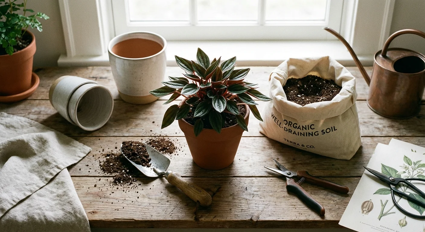 A top-down view of potting supplies and a Peperomia Rosso plant.