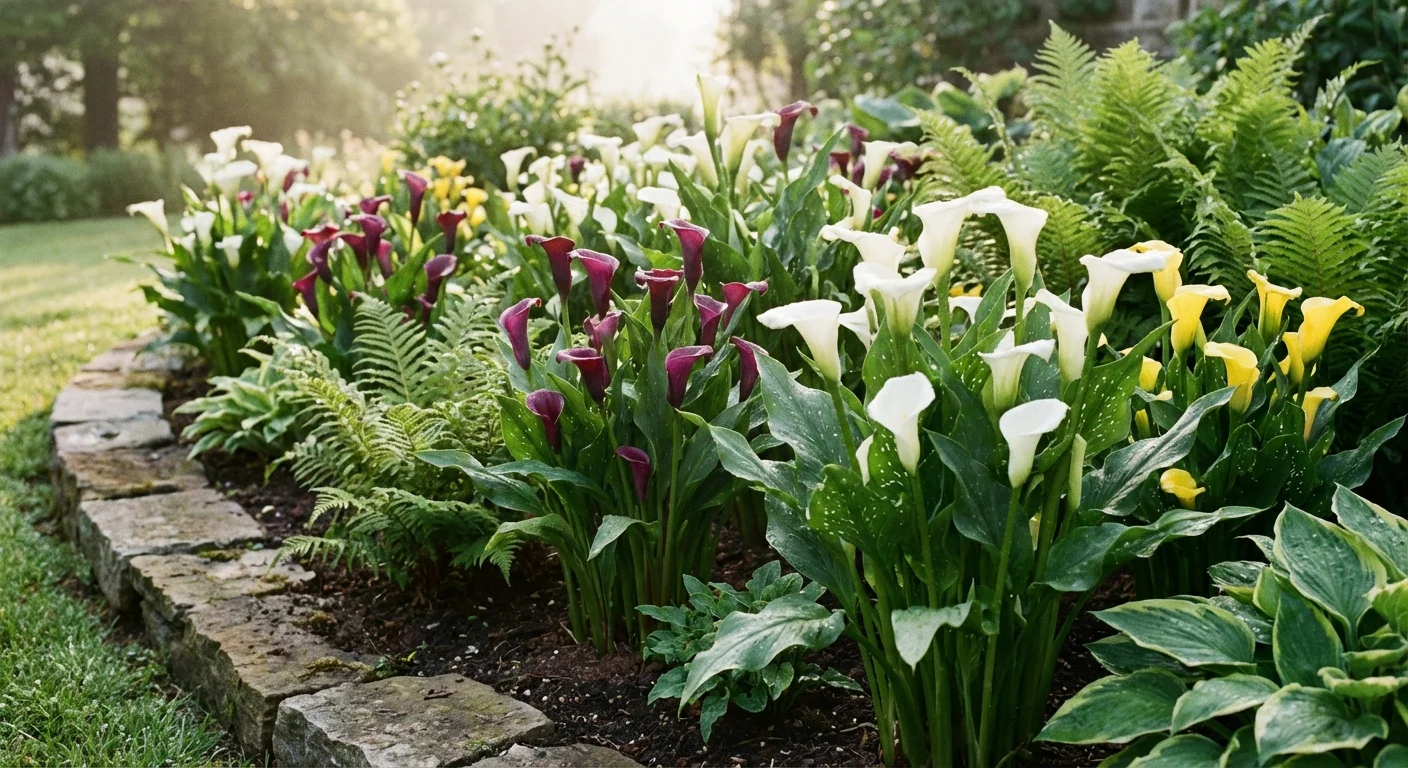 A variety of colorful Calla Lilies including purple and yellow species in a garden.