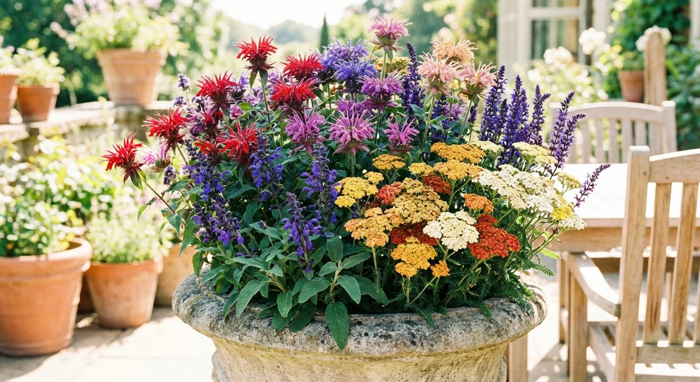 A variety of deer-resistant flowers including Bee Balm and Salvia in a beautiful garden arrangement.