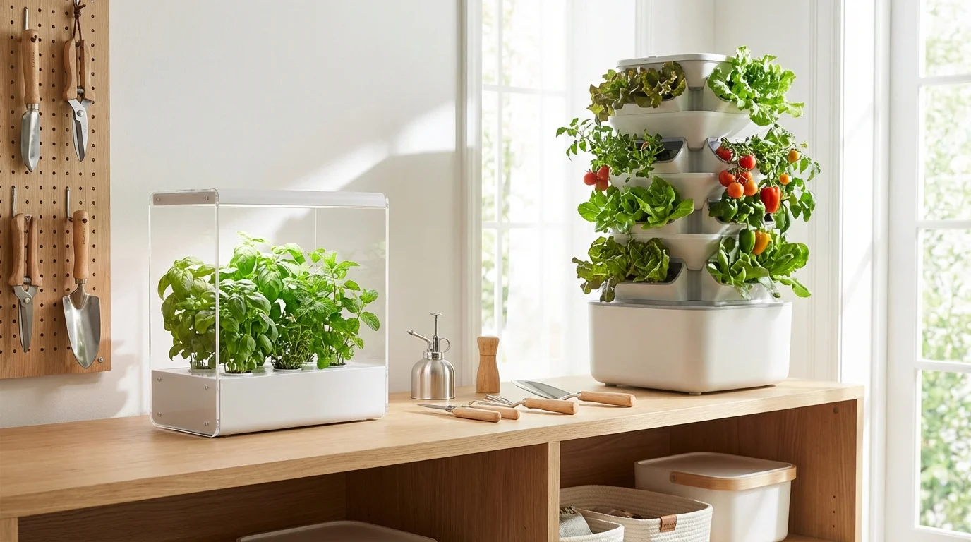A variety of hydroponic grow box models displayed on a shelf for comparison.