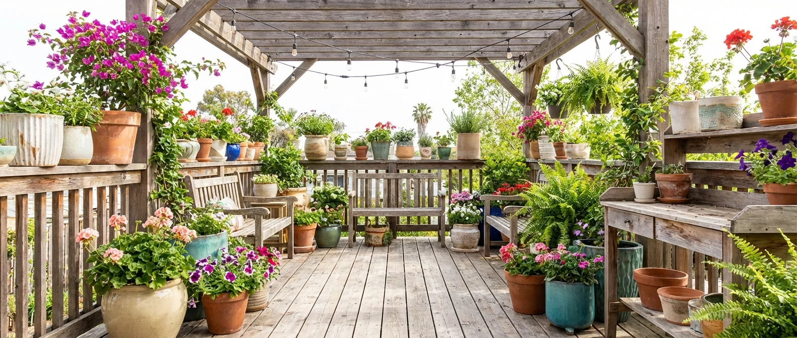 A variety of stylish garden containers filled with lush green plants and colorful flowers on a wooden deck.
