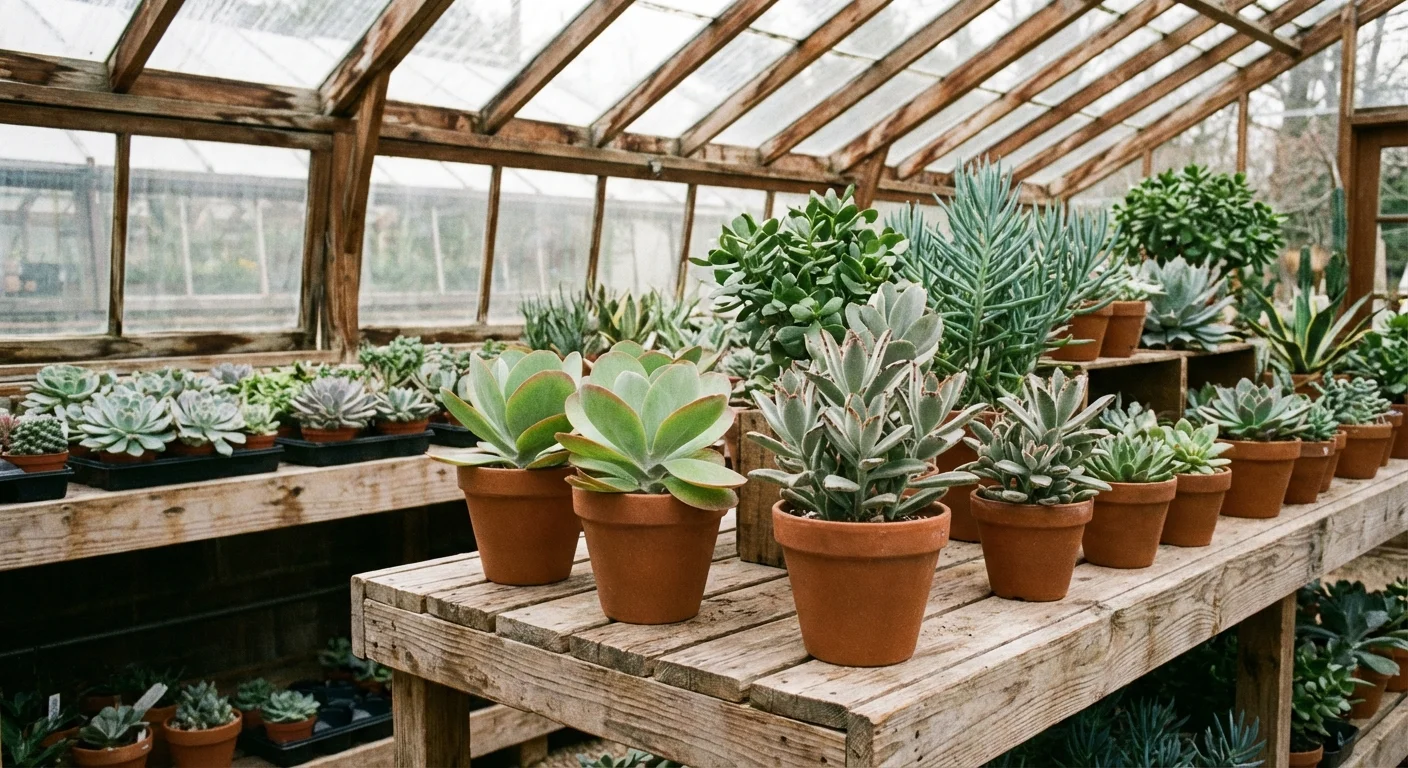 A variety of succulent plants displayed beautifully in a sunlit boutique garden center.