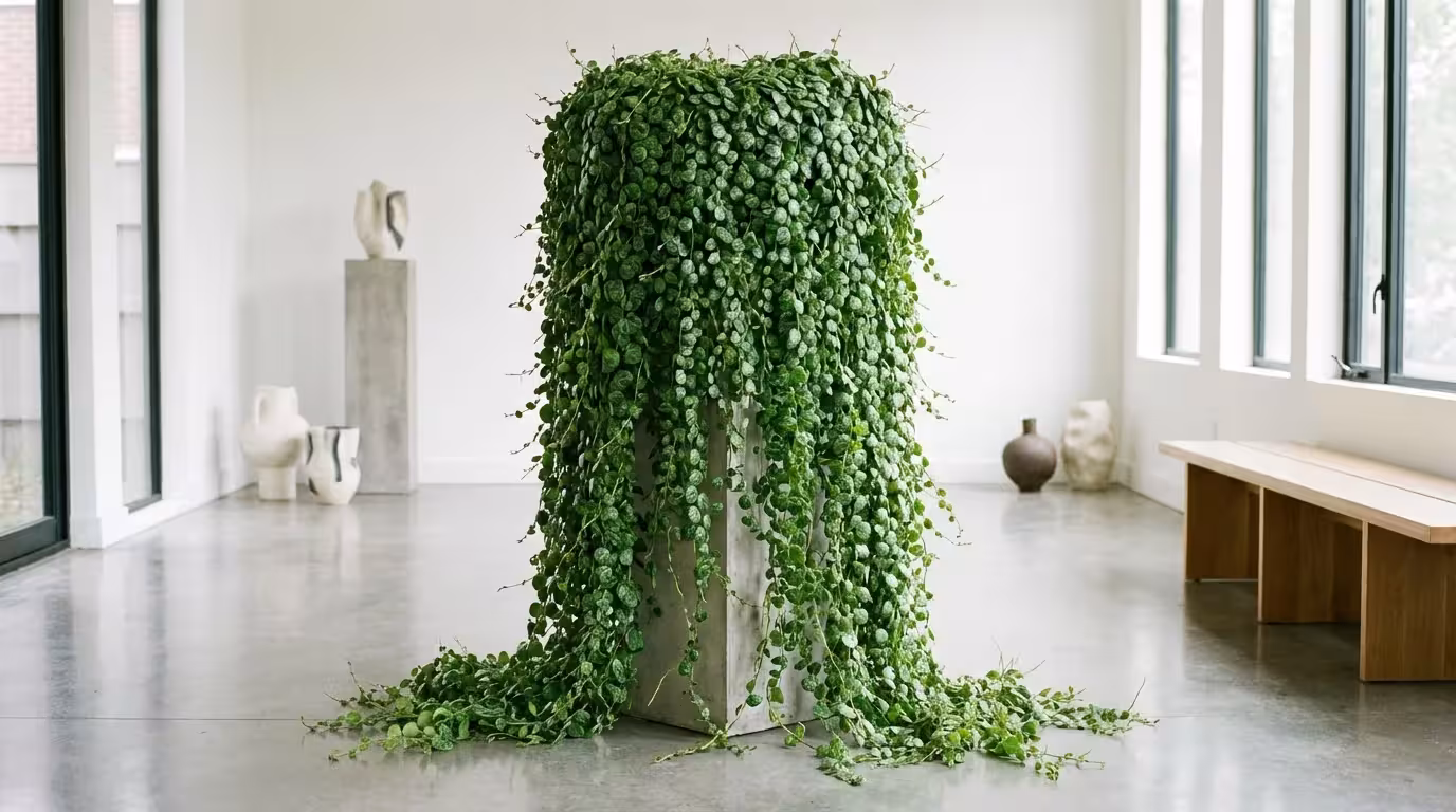 A very long and full String of Turtles plant trailing from a high stand to the floor.