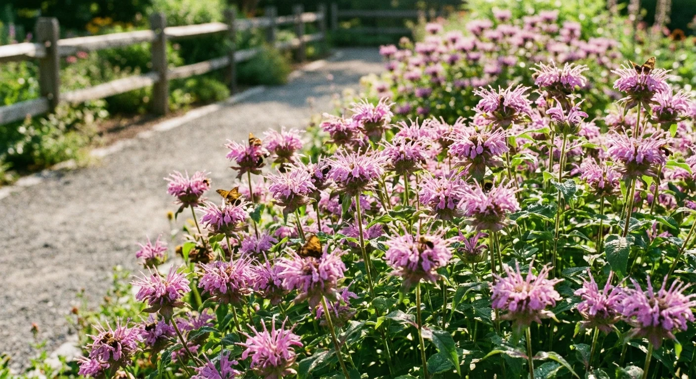 A vibrant garden bed of purple and pink Bee Balm flowers blooming in mid-summer.