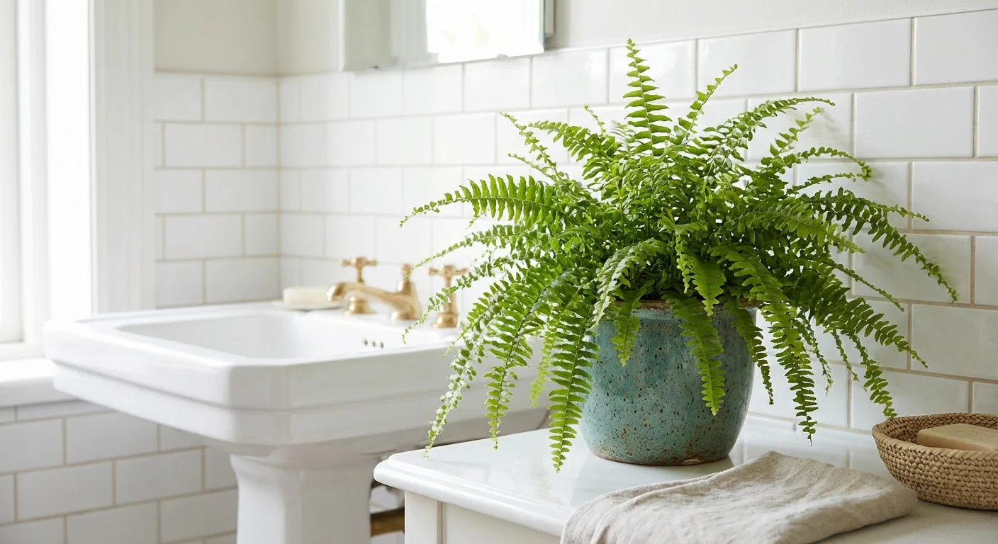 A vibrant green fern sitting on a white bathroom counter next to a porcelain sink with clean subway tile background.