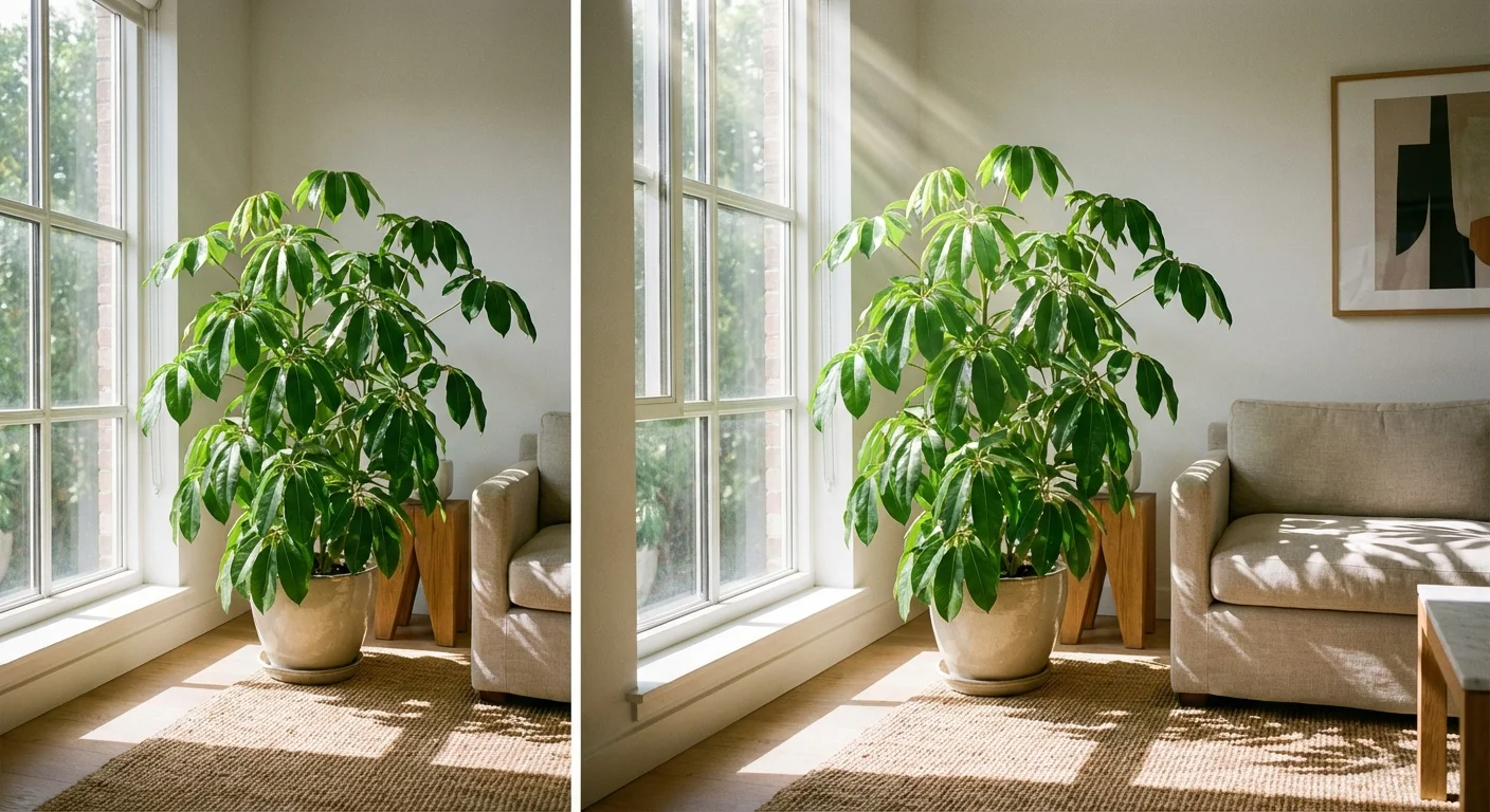 A vibrant green Umbrella Plant flourishing indoors in a sunlit corner.