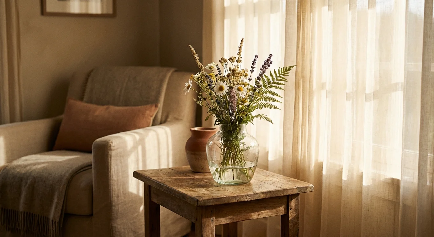 A vintage wooden side table with a glass vase and flowers in front of a soft, sheer chiffon curtain.