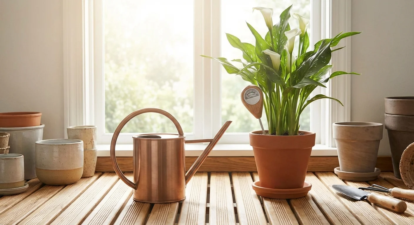 A watering can and gardening tools next to a healthy lily plant.