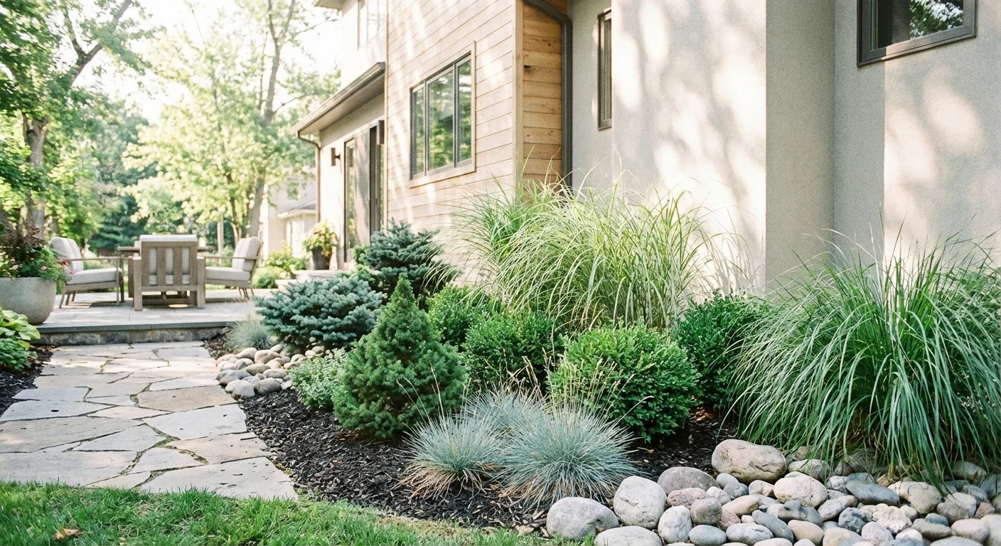 A well-designed garden bed with small shrubs and stones along a house foundation.