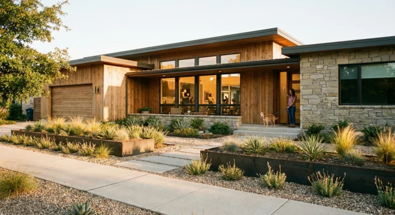 A well-lit modern home with low-profile landscaping and clear sightlines from the street at sunset.