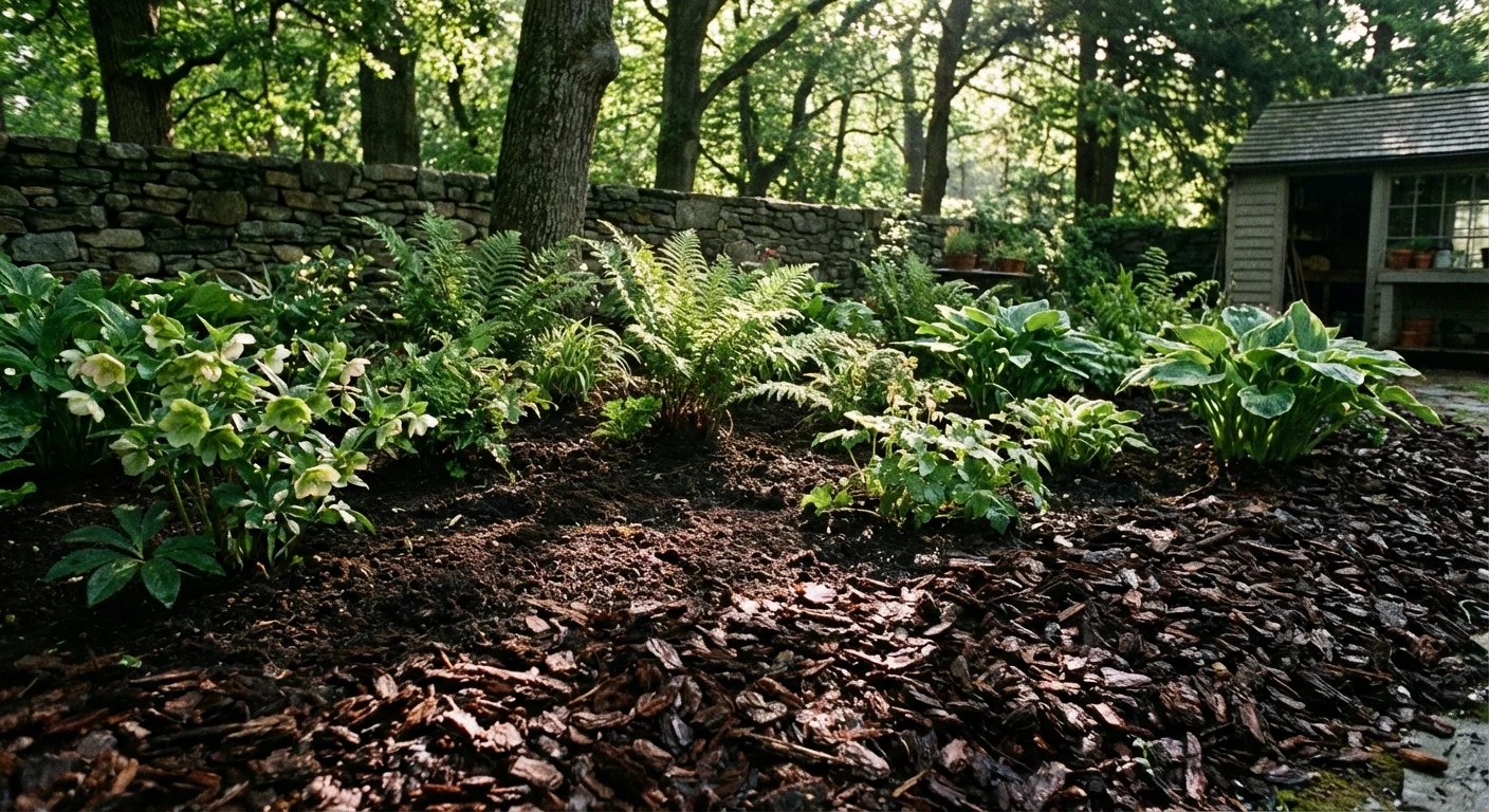A well-prepared garden bed with rich soil and mulch under dappled sunlight.