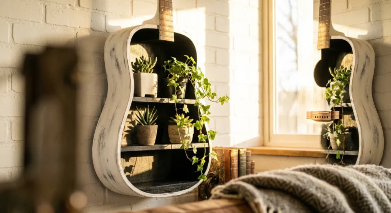 A white acoustic guitar repurposed into a wall shelf holding green plants and books.