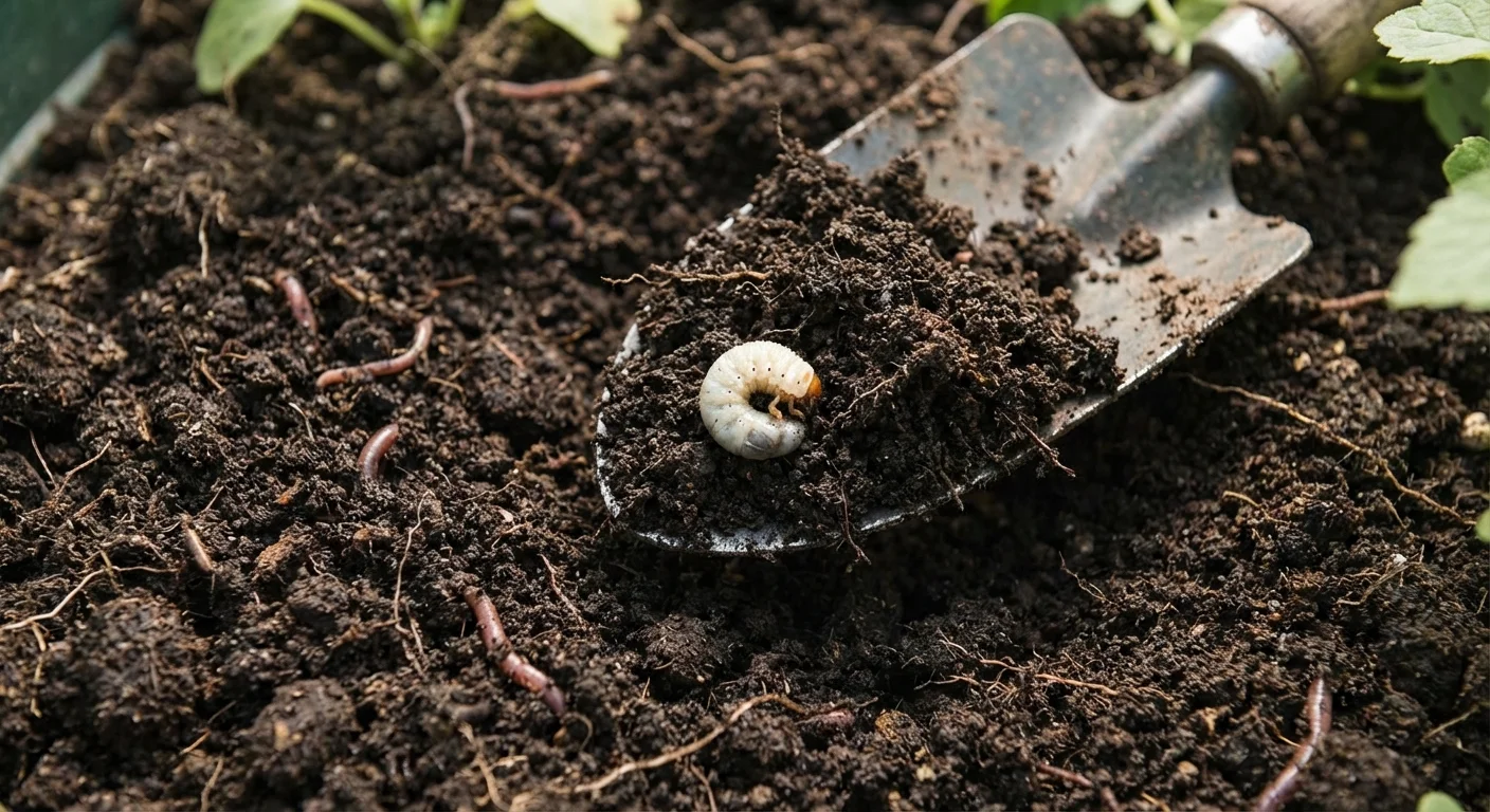 A white Japanese beetle grub found in garden soil during the larval stage.