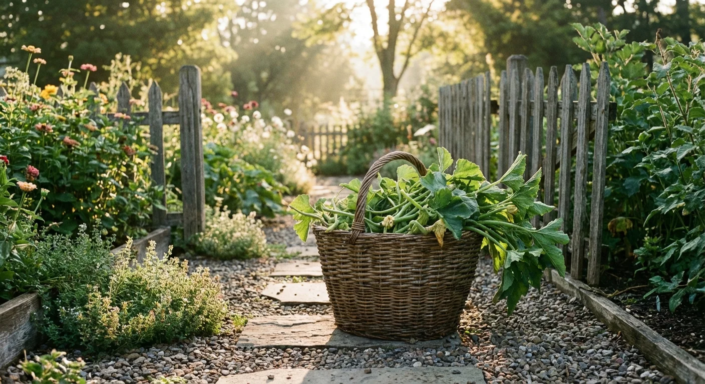 A wicker basket on a garden path containing pruned leaves.