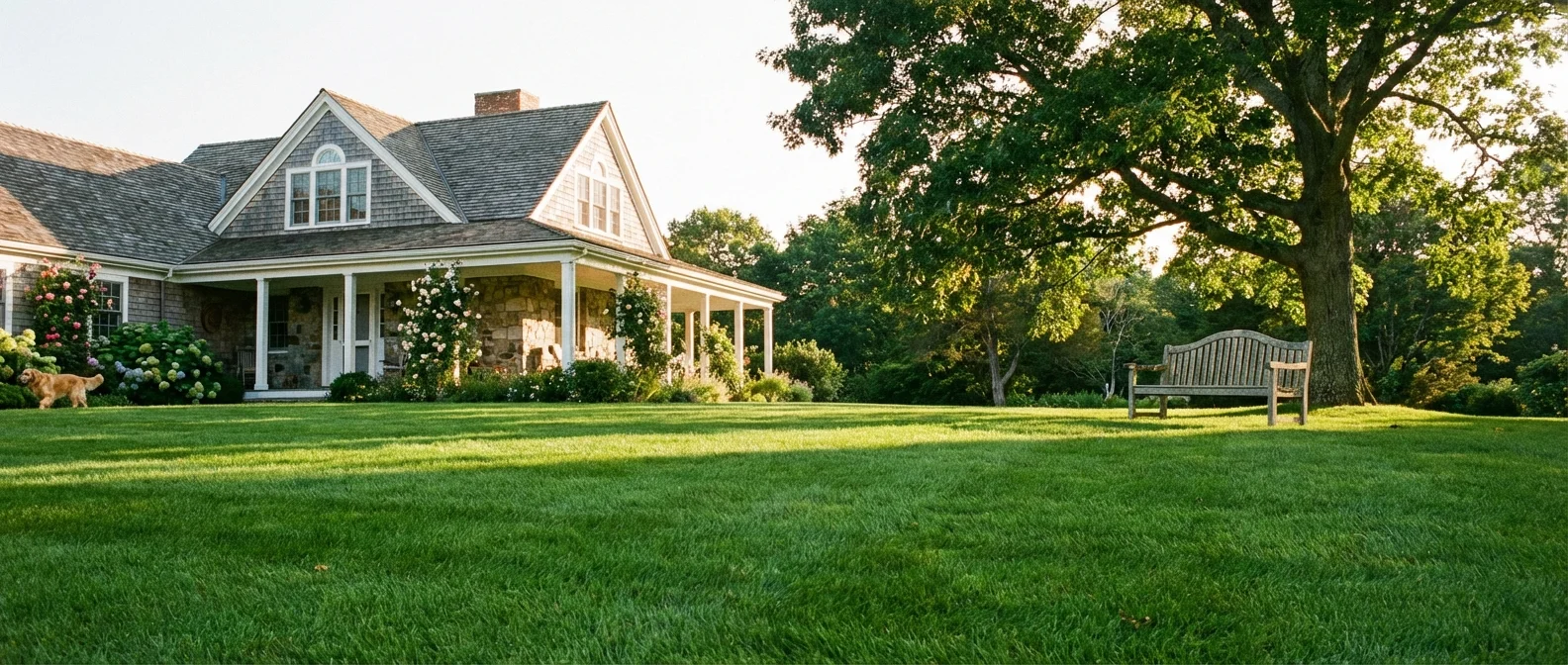 A wide, beautiful, and weed-free lawn with a garden bench under a tree.