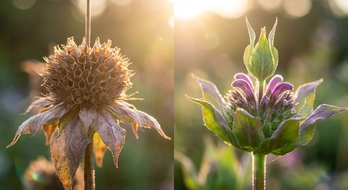 A wilted Bee Balm flower next to a new, emerging pink flower bud.
