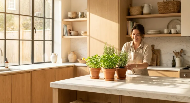 A woman arranging fresh herb pots on a sunny marble kitchen island, representing a harmonious plant-filled kitchen.