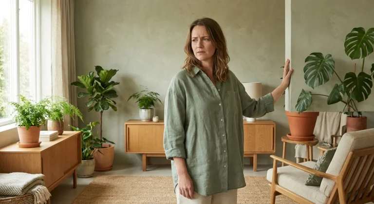 A woman inspecting a wall behind indoor plants for signs of water damage in a modern living room.