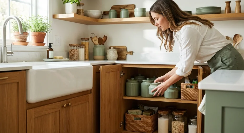 A woman organizing a clean, modern kitchen cabinet under a sink with natural light and plants.