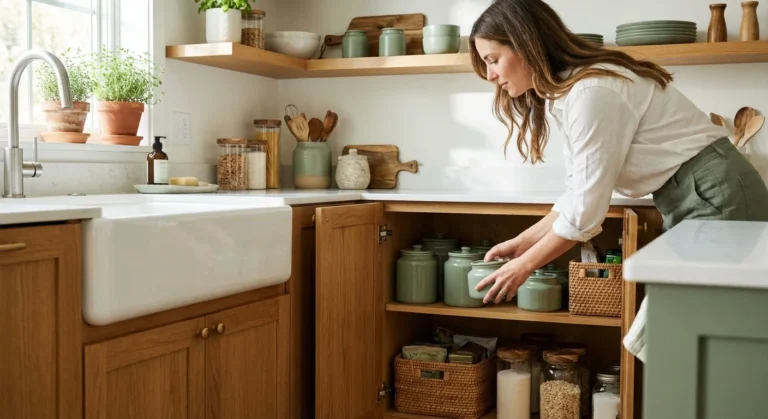 A woman organizing a clean, modern kitchen cabinet under a sink with natural light and plants.