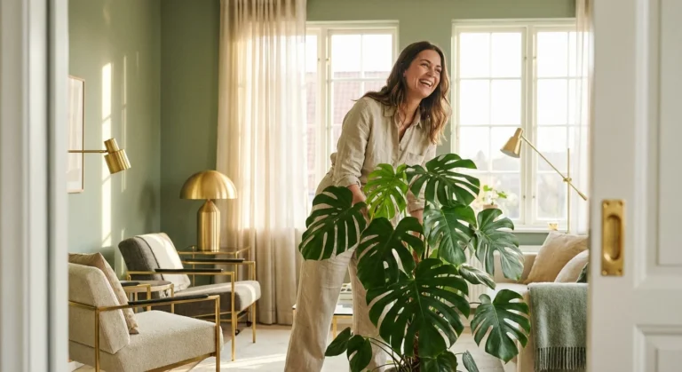 A woman placing a large green plant in a sunlit, modern living room with sage green walls and brass accents.