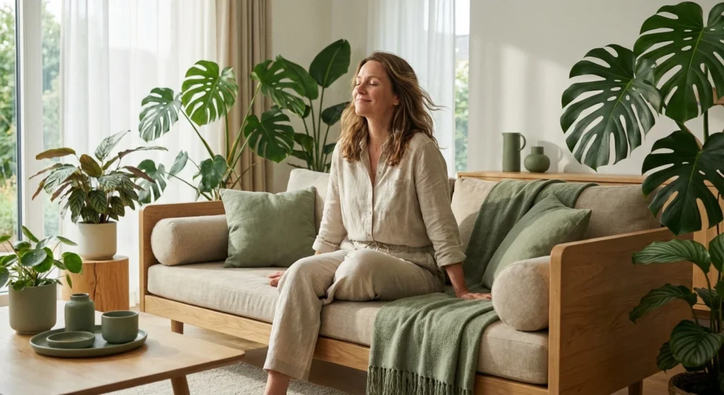 A woman relaxing in a comfortable, plant-filled living room with perfect indoor climate control.