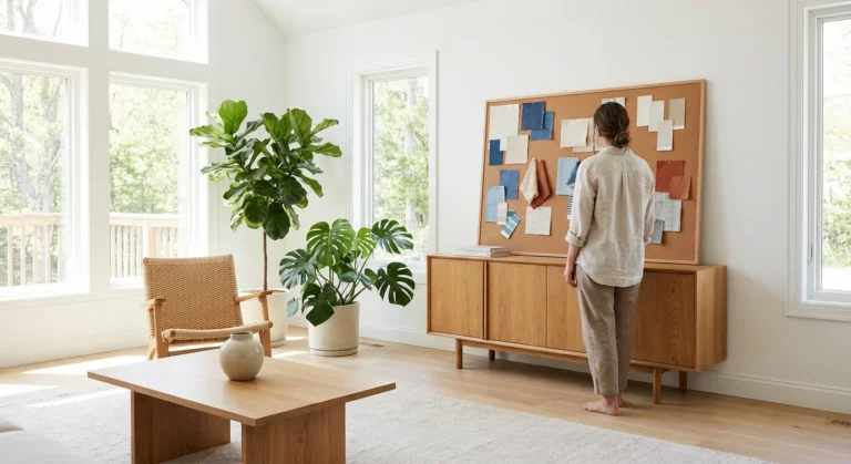A woman reviewing an interior design mood board in a sunlit, plant-filled modern living room.