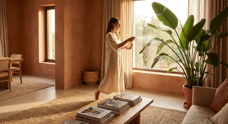 A woman tending to a large tropical plant in a warm, sunlit living room with earthy decor.