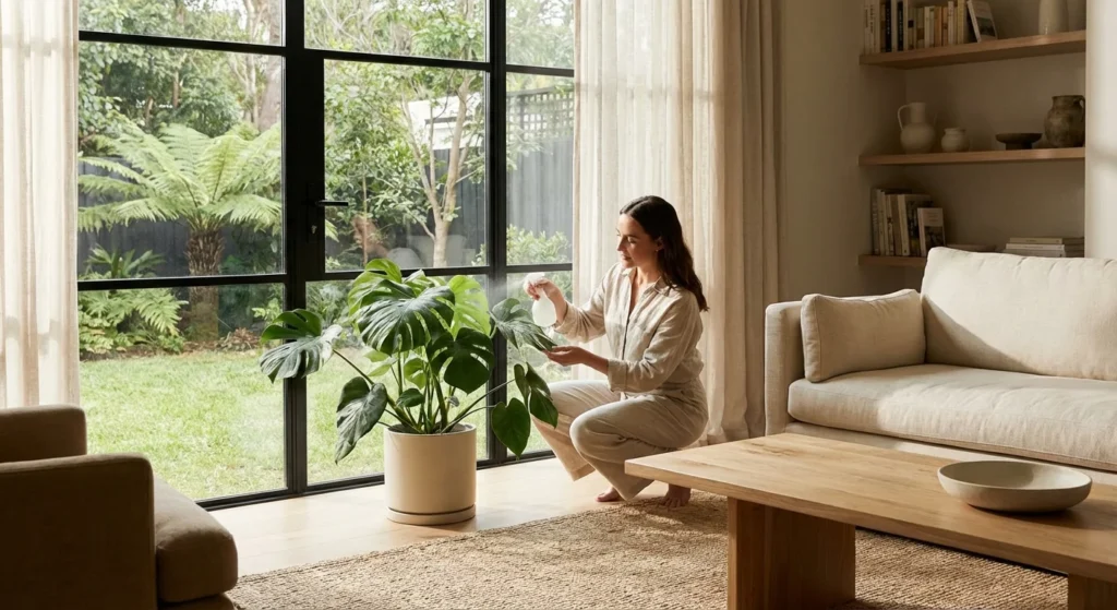 A woman tending to lush indoor plants by a large, bright window in a modern, sunlit home.