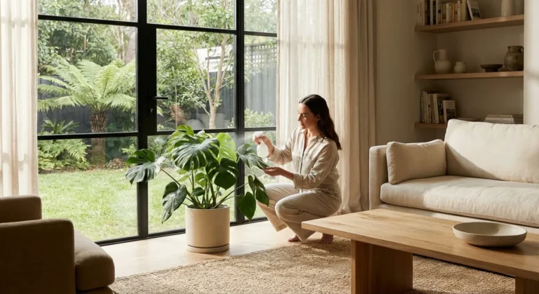 A woman tending to lush indoor plants by a large, bright window in a modern, sunlit home.