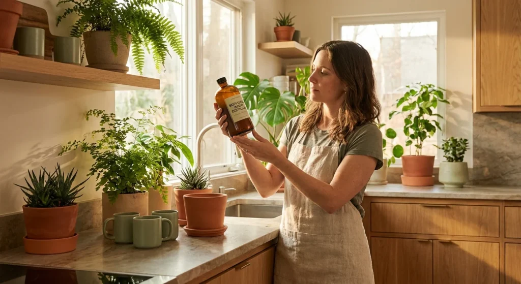 A woman thoughtfully checking a household item in a bright, plant-filled kitchen.