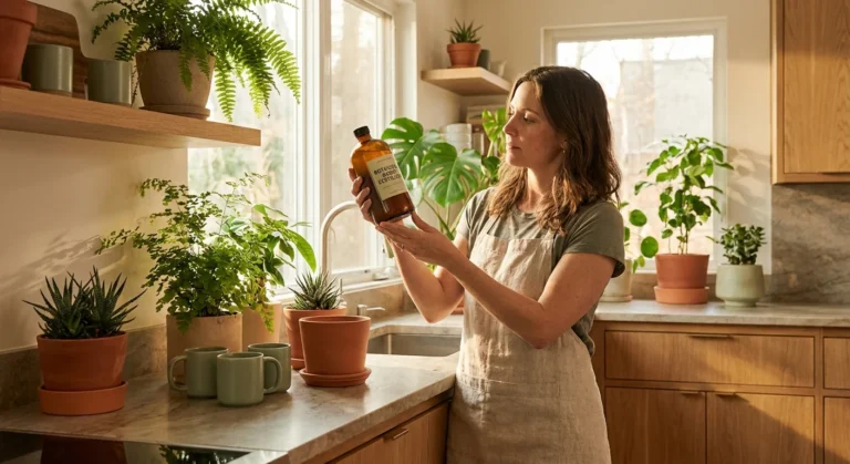 A woman thoughtfully checking a household item in a bright, plant-filled kitchen.