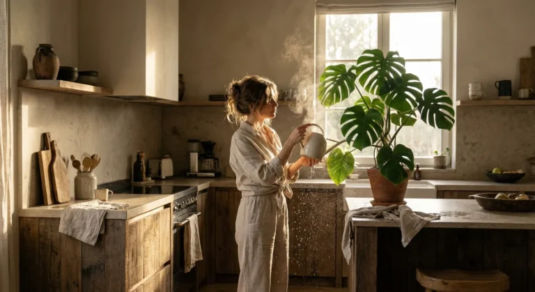 A woman watering a houseplant in a sunlit, modern kitchen, symbolizing mindful water use.