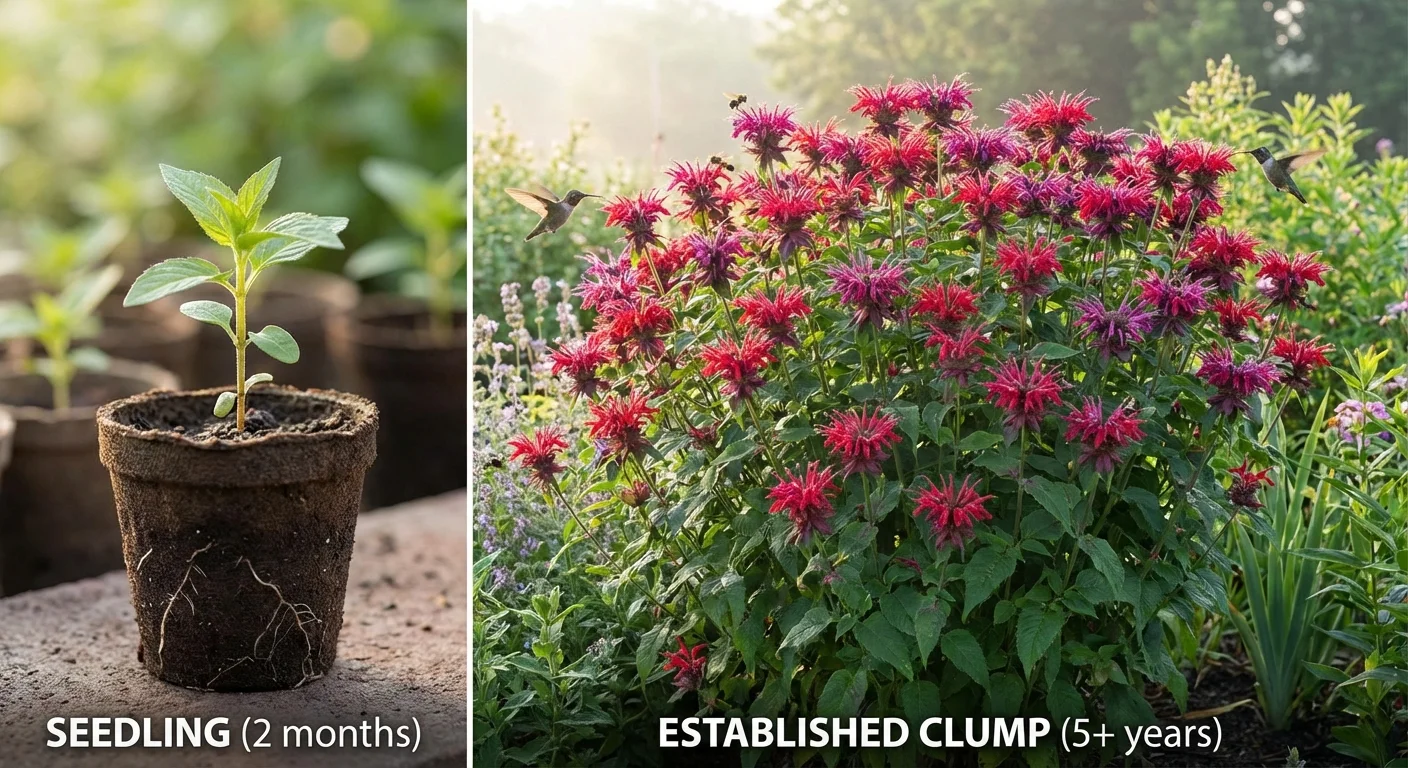 A young Bee Balm seedling next to a mature flowering plant.