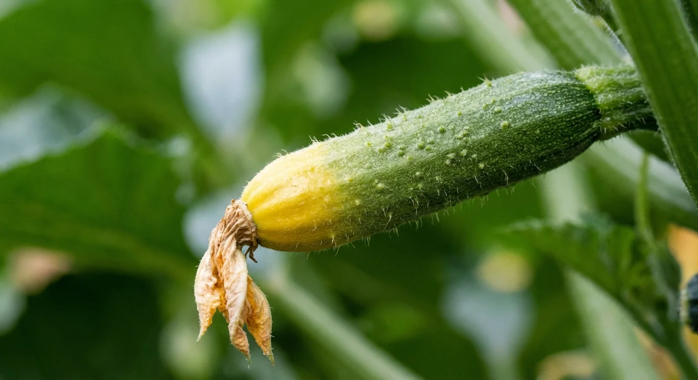 A young zucchini fruit showing yellowing at the tip.